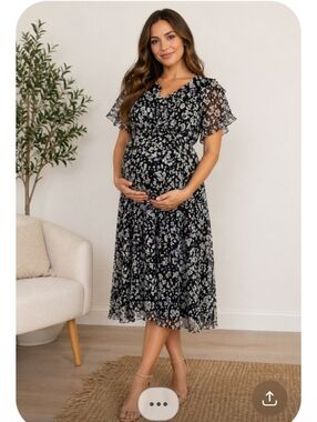 Mimi Maternity 100% Silk Black & Gray Floral Midi Dress Size M Flowy A-Line